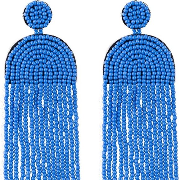 Long 4.5" Lt Blue Modern Art Deco Oversized Earrings Beaded Bohemian Tassel New - Picture 3 of 6